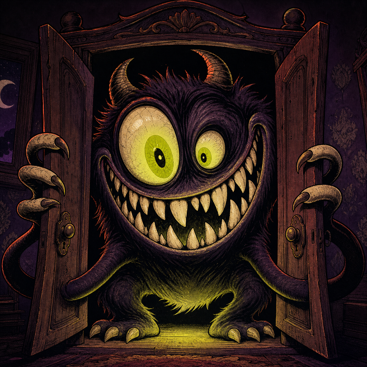 Closettooth, a huge purple cartoon monster, emerging from a wardrobe